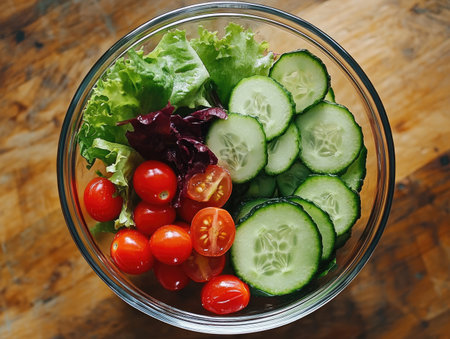 a top view of vegetables in a bowl, featuring mixed greens, cherry tomatoes, and sliced cucumbers, ready for a fresh salad.の素材