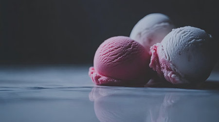 A minimalist composition featuring three scoops of ice cream on a marble surface. The cool tones and smooth texture highlight the deliciousness and simplicity of this classic dessert. Perfect for food lovers.の素材