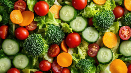 a top view of colorful mixed vegetables, including broccoli, cherry tomatoes, and cucumbers, ready for a salad.の素材