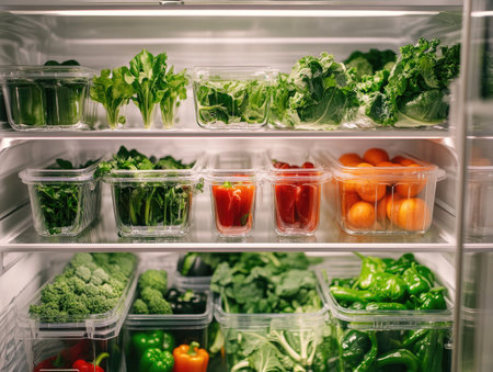 a well-organized fresh vegetables storage in a refrigerator, with containers of leafy greens, peppers, and carrots neatly arranged on shelves.の素材
