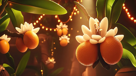 A serene spring scene showcasing a blooming orange tree, adorned with vibrant flowers and fruits, creating a cheerful, tranquil atmosphere perfect for nature lovers.の素材