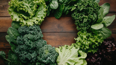 a top view of green vegetables, featuring spinach, kale, and lettuce, arranged in a circular pattern on a wooden table.の素材