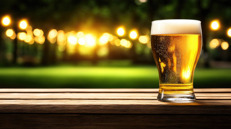 A refreshing glass of pale ale sits on a wooden picnic table, illuminated by soft sunset light, perfect for outdoor gatherings and social moments.の素材