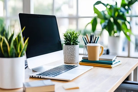 A stylish modern desk setup featuring a laptop, coffee mug, and greenery. The bright environment promotes productivity and a relaxed working atmosphere.の素材