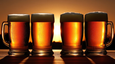 A warm sunset sets the scene as four beer mugs are raised in joy, celebrating friendship and togetherness. Perfect for festive moments.の素材