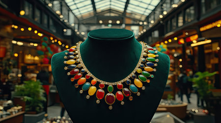 A stunning gold necklace featuring bold, colorful gemstones showcased against a vibrant market backdrop, perfect for any jewelry lover or fashion enthusiast.の素材