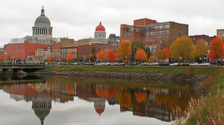 A beautiful riverbank view showcasing a modern city skyline. The image captures vibrant autumn trees reflecting in the water, creating a serene urban landscape.の素材