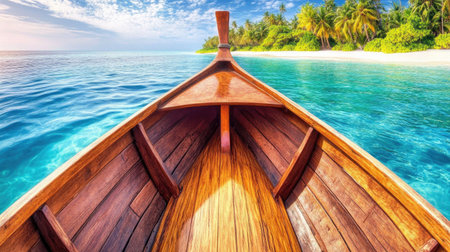 Experience the beauty of a tropical island from the perspective of a boat, surrounded by crystal-clear waters and lush greenery under a bright sky.の素材