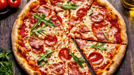 A delicious slice of pizza topped with prosciutto and fresh arugula on a rustic wooden table. Perfect for a gourmet meal or casual dining experience.の素材