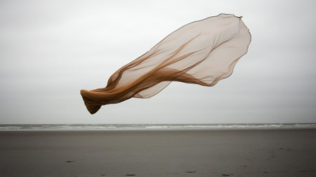A delicate piece of brown fabric gracefully floats over a serene beach, set against a soft gray sky and gentle ocean waves, evoking tranquility and elegance.の素材