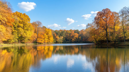 Discover a serene autumn landscape featuring birch trees reflected perfectly in calm waters, surrounded by vibrant foliage and a clear blue sky.の素材