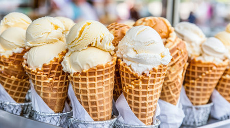 A tempting display of delicious ice cream stacked beautifully in waffle cones, perfect for summer treats at outdoor markets or festivals.の素材