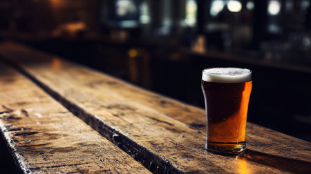 A frosty beer mug with condensation sits on a rustic wooden table, perfectly capturing a moment of refreshment and relaxation in a cozy pub atmosphere.の素材