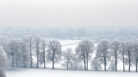 A serene winter landscape featuring snow-covered trees in a tranquil forest view. The soft light and frosty atmosphere create a peaceful winter scene.の素材