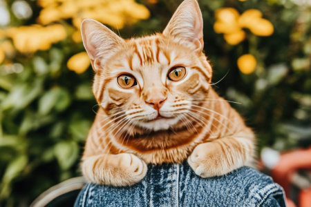 A charming orange cat relaxes on a person's shoulder surrounded by vibrant yellow flowers, showcasing its playful and calm demeanor in a beautiful garden setting.の素材