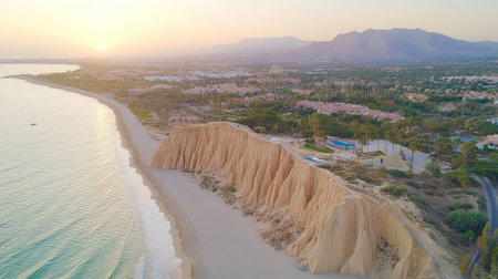Experience a tranquil sunset view from a cliff overlooking the ocean. The serene landscape captures the golden hues reflecting on the water, perfect for nature lovers.の素材