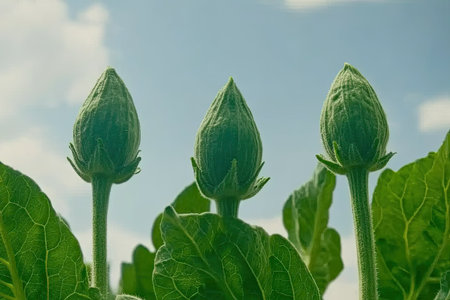 Three green buds emerge amid lush leaves, set against a bright sky. This image embodies the beauty of nature, growth, and the cycles of life.の素材
