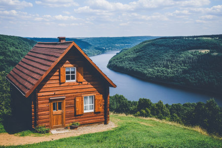 A charming wooden house on a lush hillside overlooking a serene river. This idyllic scene captures tranquility and natural beauty, perfect for relaxation.の素材
