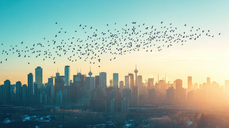 A breathtaking view of a city skyline at sunrise, with a flock of birds soaring across the sky. The tranquil atmosphere captures a moment of peace and beauty in urban life.の素材