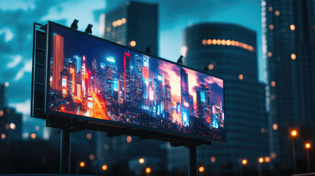 A stunning night view of a city skyline featuring a large digital billboard. The scene captures the vibrant lights and modern architecture of urban life.の素材
