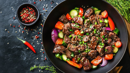 A vibrant beef stir-fry featuring tender meat and a mix of fresh vegetables, garnished with sesame seeds, perfect for a healthy and flavorful meal.の素材