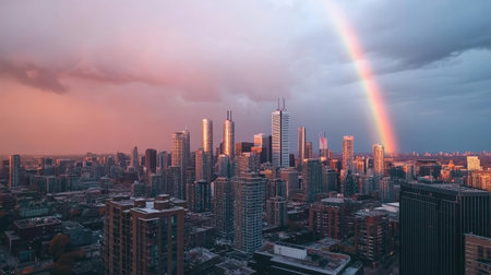 A breathtaking urban skyline featuring a vibrant rainbow after a storm, illuminated by a stunning sunset. A perfect blend of nature and architecture.の素材