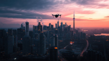 A stunning aerial view captured by a drone at sunset, showcasing a vibrant city skyline with modern architecture under dramatic clouds.の素材
