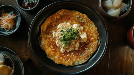 A savory pancake topped with sesame and herbs, served alongside various sauces, represents a delicious dish perfect for any mealtime occasion.の素材