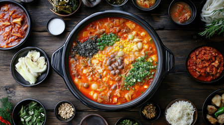 A vibrant Korean hot pot filled with fresh vegetables and assorted ingredients, perfect for a communal dining experience and making delicious memories.の素材