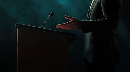 A business professional delivers a speech at a podium with focused lighting, highlighting the importance of communication and engagement in public speaking contexts.の素材