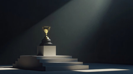 A stunning golden trophy stands on a pedestal, highlighted by dramatic lighting that emphasizes its elegance and significance, ideal for themes of achievement and victory.の素材