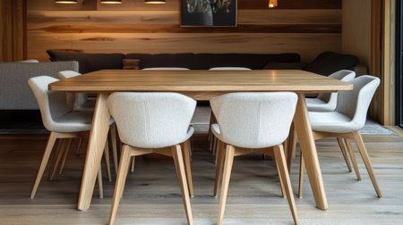 A stylish modern dining room featuring a wooden table surrounded by light-colored chairs, creating a warm and inviting atmosphere for gatherings.の素材