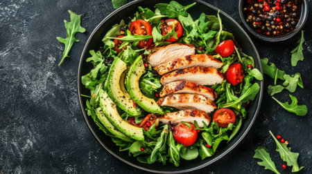 A vibrant grilled chicken salad featuring fresh greens, sliced avocado, and juicy tomatoes, perfect for a healthy meal. Ideal for culinary presentations.の素材