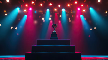 A trophy sits proudly on a pedestal, illuminated by vibrant stage lights. This image captures the essence of celebration, success, and achievement in any competitive event.の素材