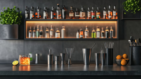 A stylish bar setting featuring an array of cocktail accessories, vibrant spirits on display, and fresh garnishes, perfect for mixology enthusiasts.の素材