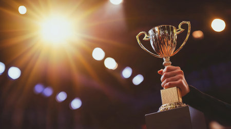 A hand holds a shiny trophy aloft, celebrating a notable achievement. The scene is illuminated by bright lights, emphasizing the glory of victory.の素材