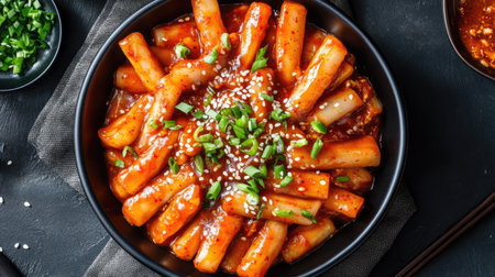 A vibrant bowl of spicy rice cakes topped with green onions and sesame, showcasing the rich flavors and textures of Korean cuisine in a delightful presentation.の素材