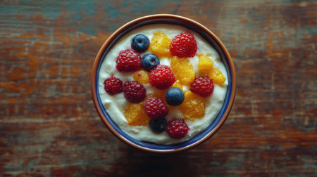 A delicious yogurt bowl topped with fresh berries and citrus fruits, showcasing vibrant colors and healthy ingredients. Perfect for breakfast or a refreshing snack.の素材