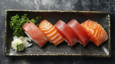 Discover a vibrant sushi platter featuring fresh salmon, garnished with wasabi and ginger, perfect for food lovers and culinary enthusiasts.の素材