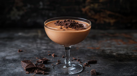 Delight in this rich chocolate mousse served in an elegant glass dish. Perfect for dessert lovers, this creamy treat is topped with chocolate shavings.の素材