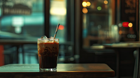 A glass of refreshing iced coffee sits on a wooden table in a cozy cafe, capturing the essence of relaxation and enjoyment in a warm atmosphere.の素材
