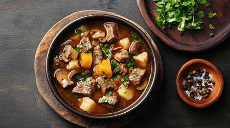 This enticing meat stew features tender chunks of meat and potatoes, garnished with fresh herbs, creating a delicious and hearty meal ideal for any occasion.の素材