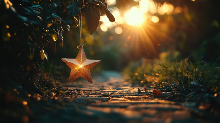 A glowing star ornament hangs along a serene garden pathway, beautifully illuminated by the warm hues of sunset. Perfect for tranquil moments in nature.の素材