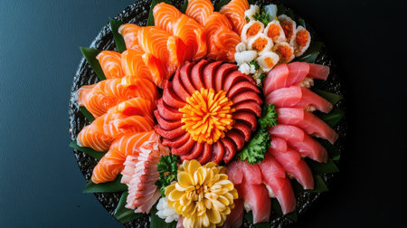 A vibrant sushi platter showcasing an array of fresh seafood delights, beautifully arranged for an elegant dining experience. Perfect for celebrations.の素材