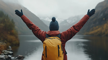 A person with a yellow backpack stands by a serene lake, embracing nature with open arms. The tranquil landscape features mountains and a cloudy sky, capturing a moment of peace and adventure.の素材