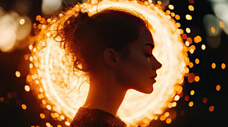 A serene profile of a woman surrounded by glowing circular lights, creating an enchanting and magical atmosphere. The warm hues and soft focus evoke a sense of calm and creativity.の素材
