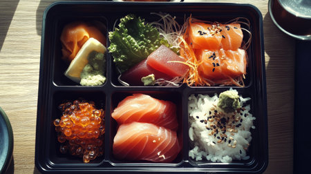 Delight in this vibrant sushi platter featuring a variety of fresh fish and traditional garnishes, perfect for a healthy and satisfying meal.の素材