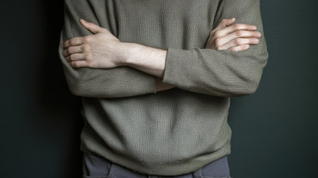 A man stands with crossed arms against a dark green background, showcasing a confident posture that conveys self-assurance and calm reflection.の素材