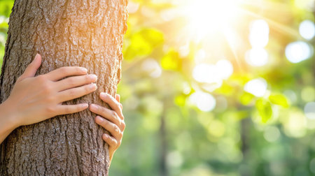 A close-up of gentle hands embracing a tree trunk in sunlight, symbolizing a deep connection with nature and promoting environmental wellness.の素材