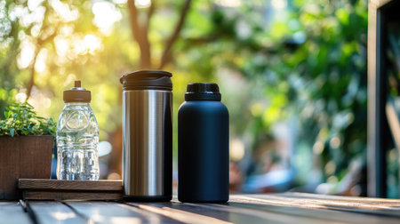 Stylish water bottles on a wooden table surrounded by nature. Perfect for staying hydrated outdoors during summer activities or relaxation moments.の素材